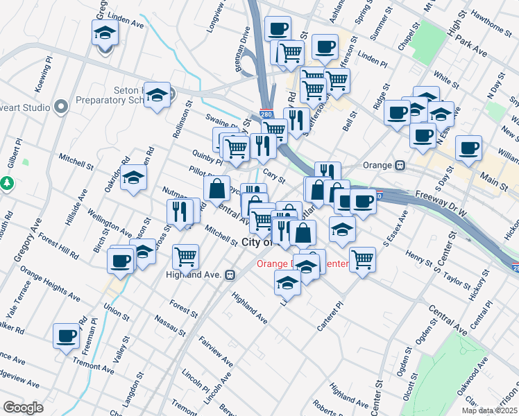 map of restaurants, bars, coffee shops, grocery stores, and more near 557 Central Avenue in City of Orange