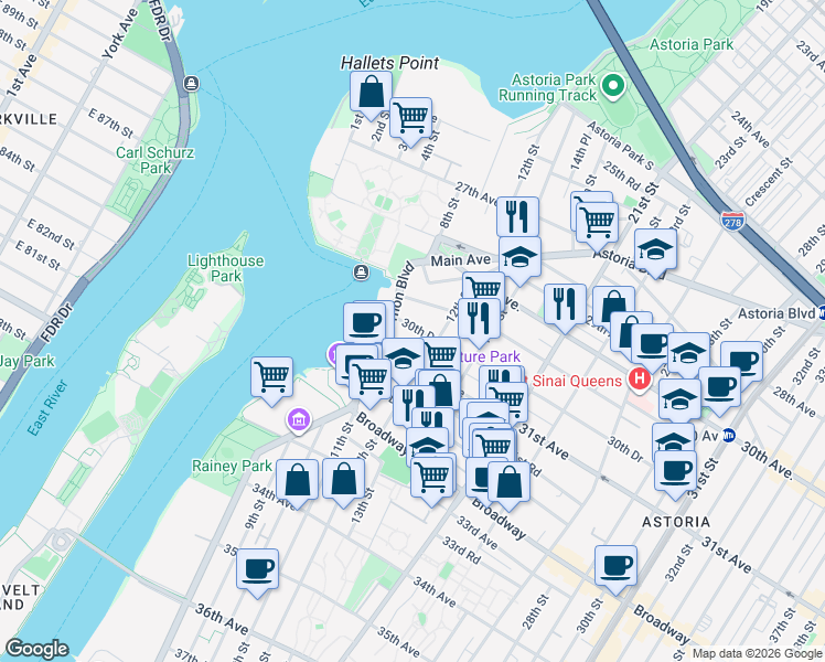 map of restaurants, bars, coffee shops, grocery stores, and more near 11-27 30th Drive in Queens