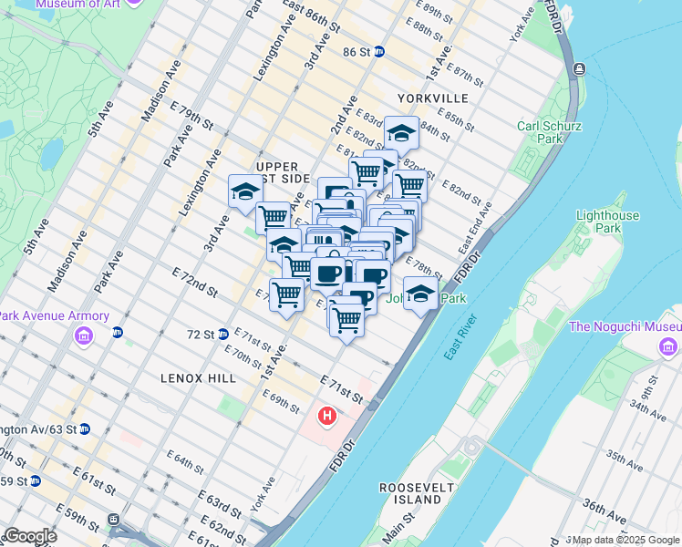 map of restaurants, bars, coffee shops, grocery stores, and more near 410 East 76th Street in New York