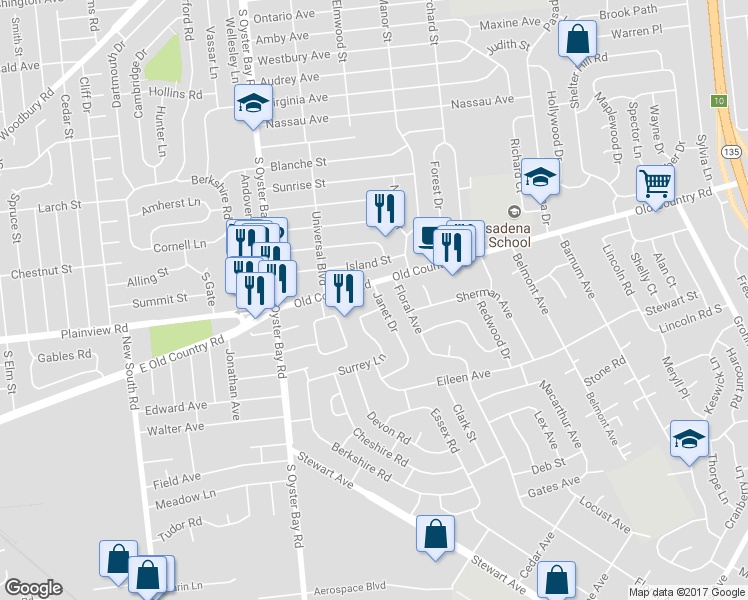 map of restaurants, bars, coffee shops, grocery stores, and more near 3 Janet Drive in Plainview