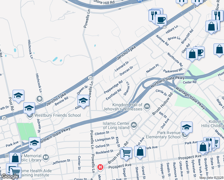 map of restaurants, bars, coffee shops, grocery stores, and more near 830 Pepperidge Road in Westbury