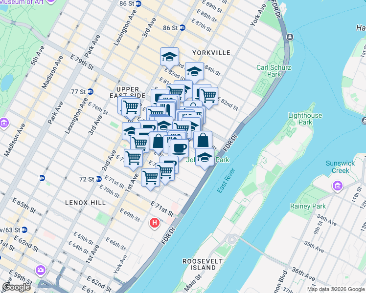 map of restaurants, bars, coffee shops, grocery stores, and more near 1431 York Avenue in New York