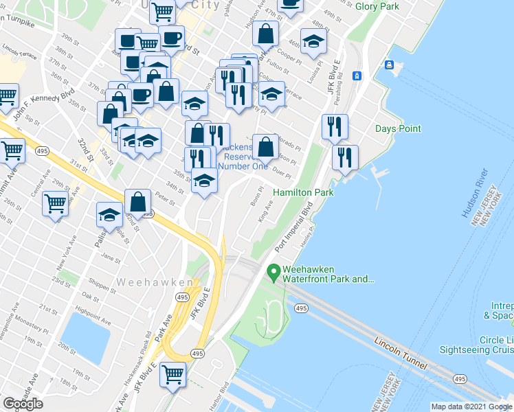 map of restaurants, bars, coffee shops, grocery stores, and more near 24 Bonn Place in Weehawken