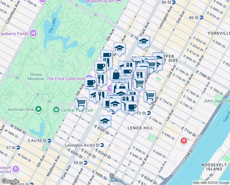 map of restaurants, bars, coffee shops, grocery stores, and more near 112 East 71st Street in New York