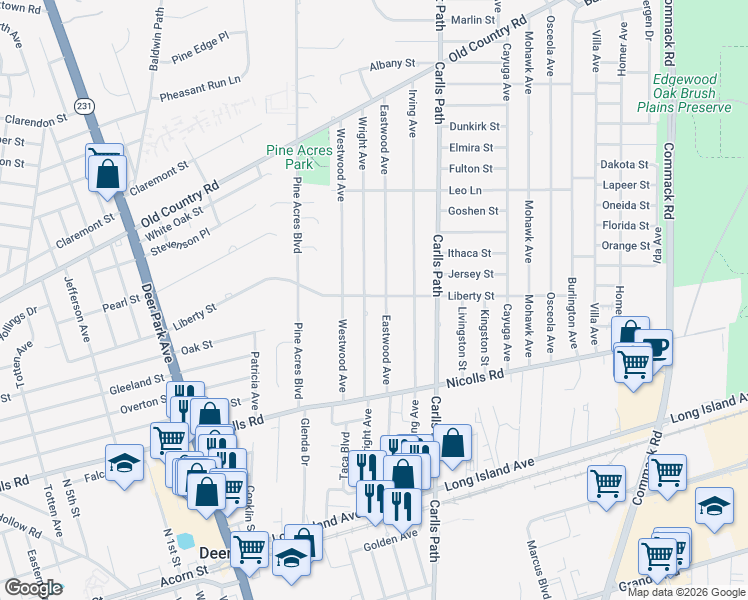 map of restaurants, bars, coffee shops, grocery stores, and more near 210 Liberty Street in Deer Park