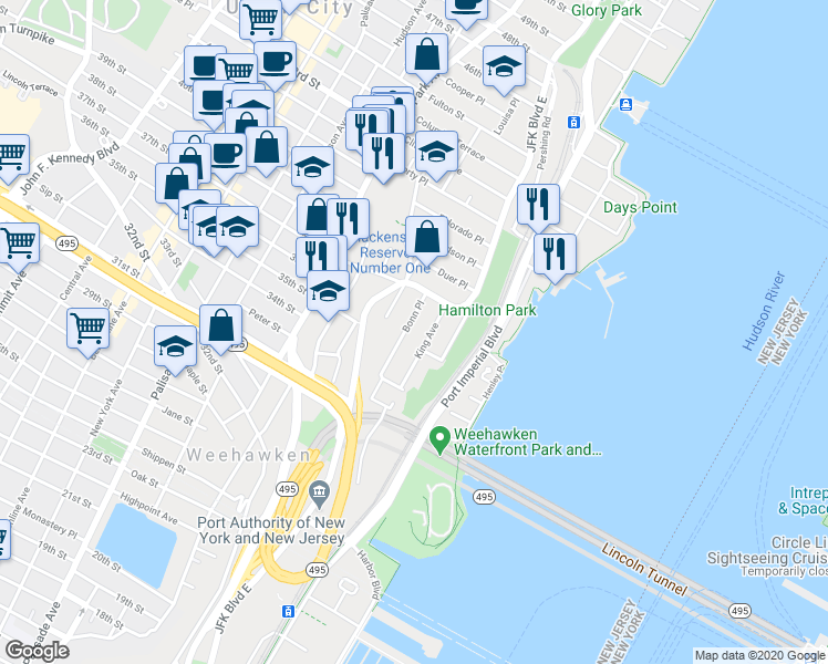 map of restaurants, bars, coffee shops, grocery stores, and more near 24-26 Bonn Place in Weehawken Township