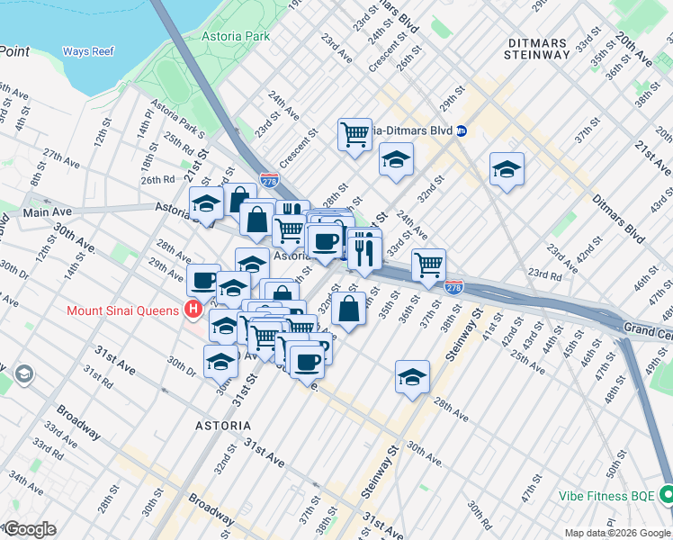map of restaurants, bars, coffee shops, grocery stores, and more near 31-14 Astoria Boulevard South in Queens