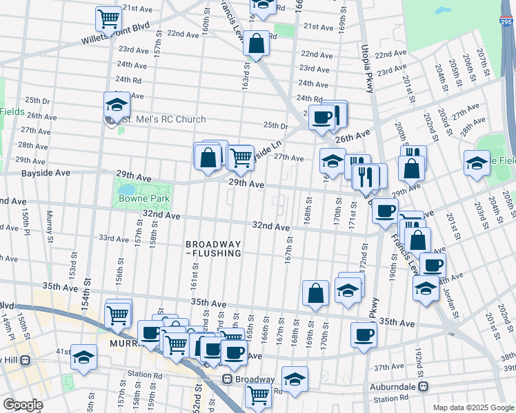 map of restaurants, bars, coffee shops, grocery stores, and more near 29-36 165th Street in Queens