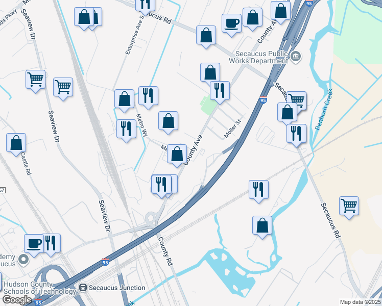 map of restaurants, bars, coffee shops, grocery stores, and more near 158 County Avenue in Secaucus
