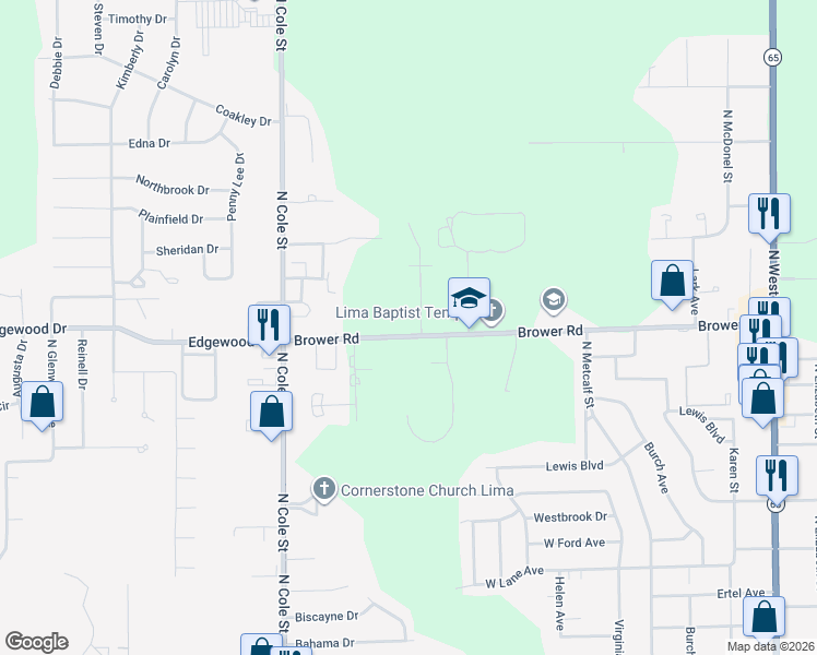map of restaurants, bars, coffee shops, grocery stores, and more near 1026 Brower Road in Lima