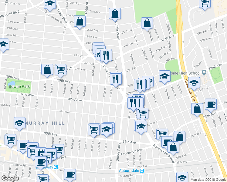 map of restaurants, bars, coffee shops, grocery stores, and more near 29-17 171st Street in Queens