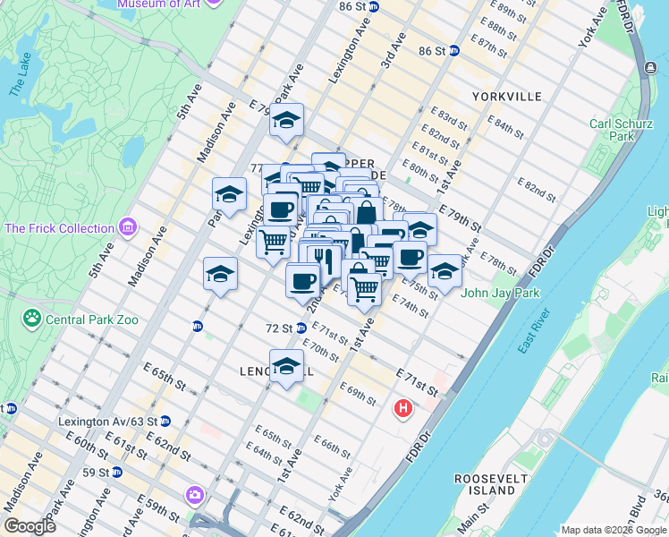 map of restaurants, bars, coffee shops, grocery stores, and more near 300 East 74th Street in New York