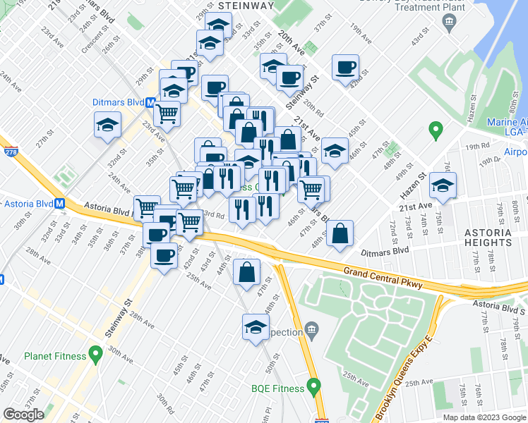 map of restaurants, bars, coffee shops, grocery stores, and more near 22-57 43rd Street in Queens