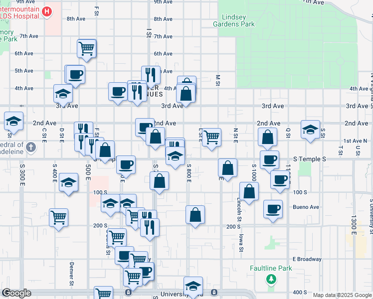 map of restaurants, bars, coffee shops, grocery stores, and more near 777 East South Temple Street in Salt Lake City