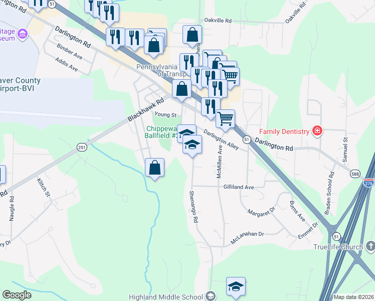 map of restaurants, bars, coffee shops, grocery stores, and more near 635 Shenango Road in Beaver Falls