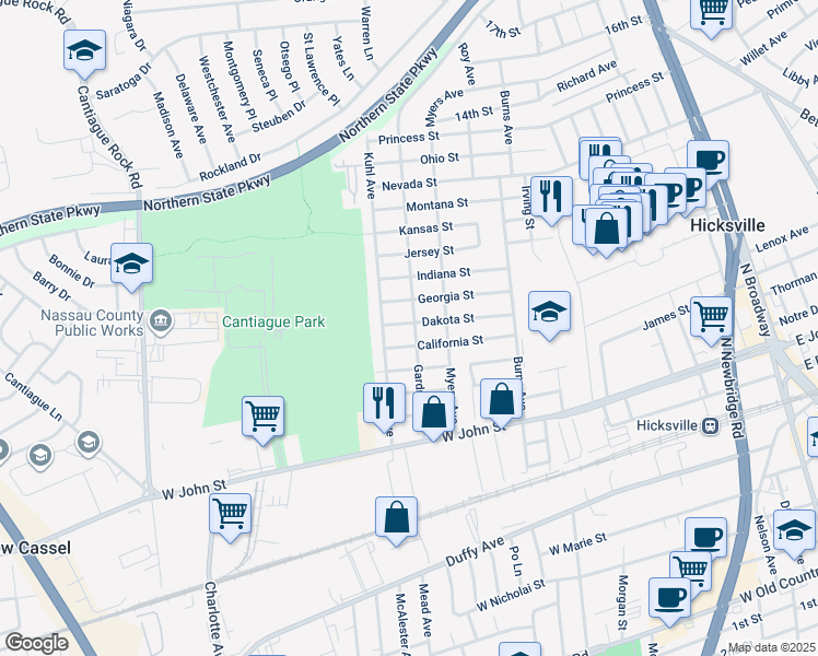 map of restaurants, bars, coffee shops, grocery stores, and more near 49 Gardner Avenue in Hicksville