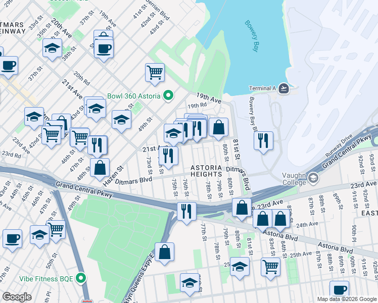map of restaurants, bars, coffee shops, grocery stores, and more near 21-10 77th Street in Queens
