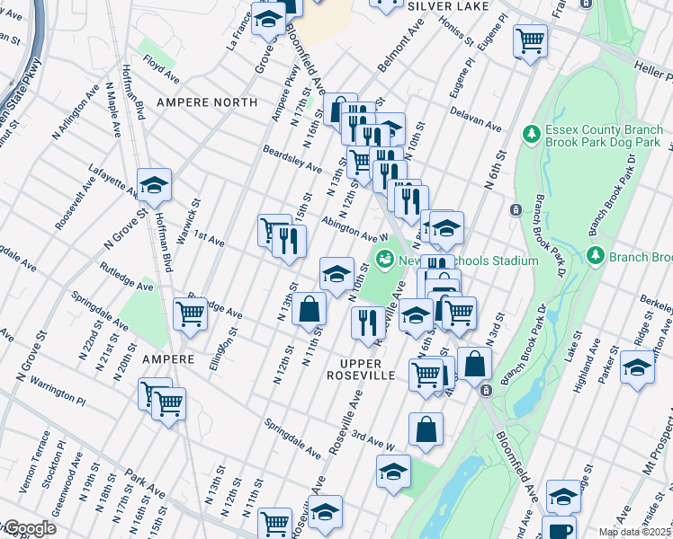 map of restaurants, bars, coffee shops, grocery stores, and more near 424 North 11th Street in Newark