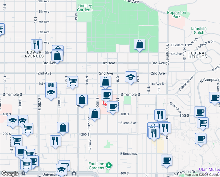 map of restaurants, bars, coffee shops, grocery stores, and more near 16 P Street in Salt Lake City