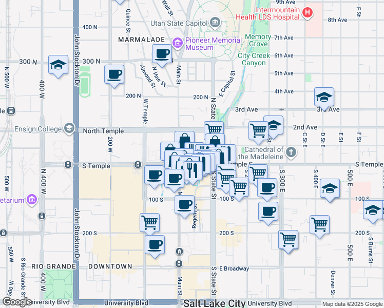 map of restaurants, bars, coffee shops, grocery stores, and more near in Salt Lake City