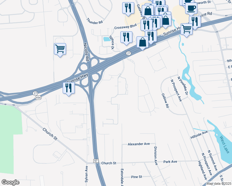 map of restaurants, bars, coffee shops, grocery stores, and more near 307 Clubhouse Drive in Patchogue