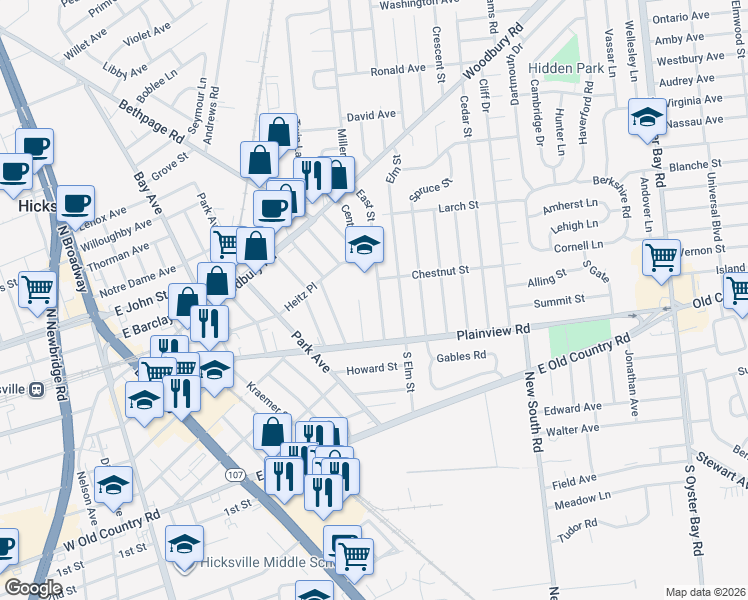 map of restaurants, bars, coffee shops, grocery stores, and more near 23 East Street in Hicksville