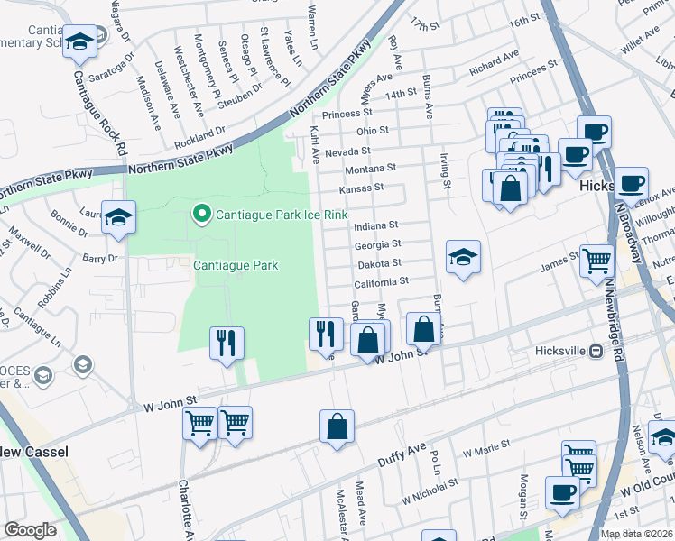 map of restaurants, bars, coffee shops, grocery stores, and more near 49 Gardner Avenue in Hicksville