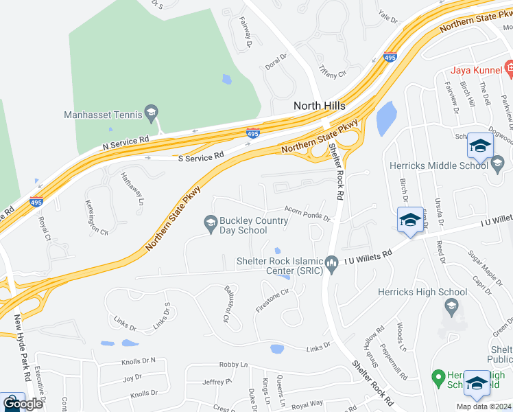 map of restaurants, bars, coffee shops, grocery stores, and more near 24 Acorn Ponds Drive in North Hills