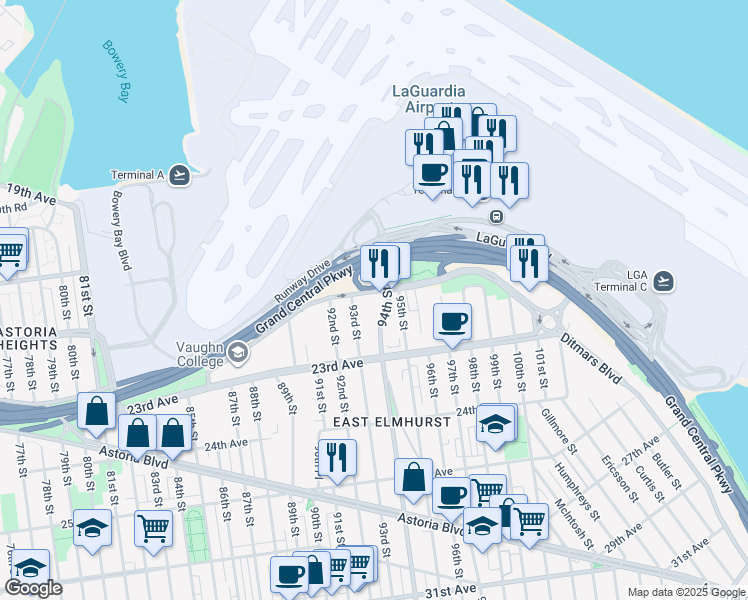 map of restaurants, bars, coffee shops, grocery stores, and more near 94-0 Ditmars Boulevard in Queens