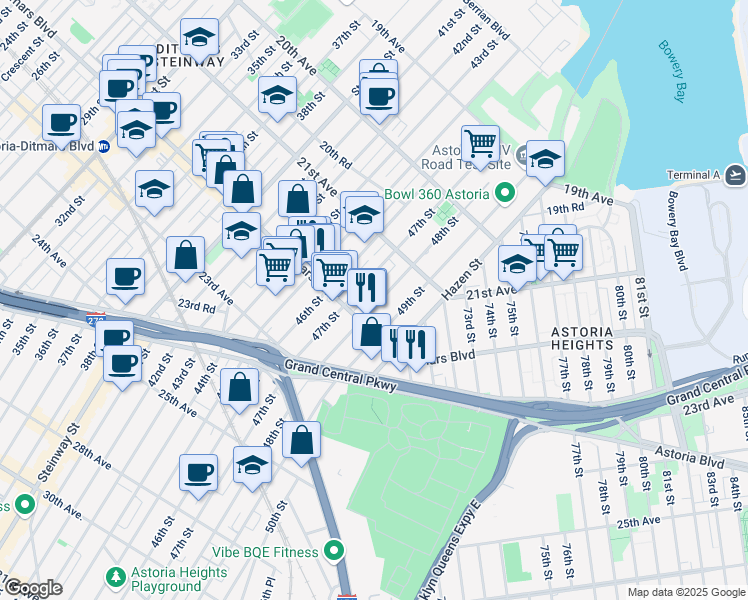 map of restaurants, bars, coffee shops, grocery stores, and more near 21-58 48th Street in Queens