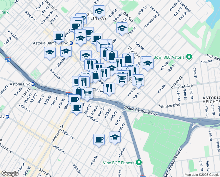 map of restaurants, bars, coffee shops, grocery stores, and more near 42-05 23rd Avenue in Queens