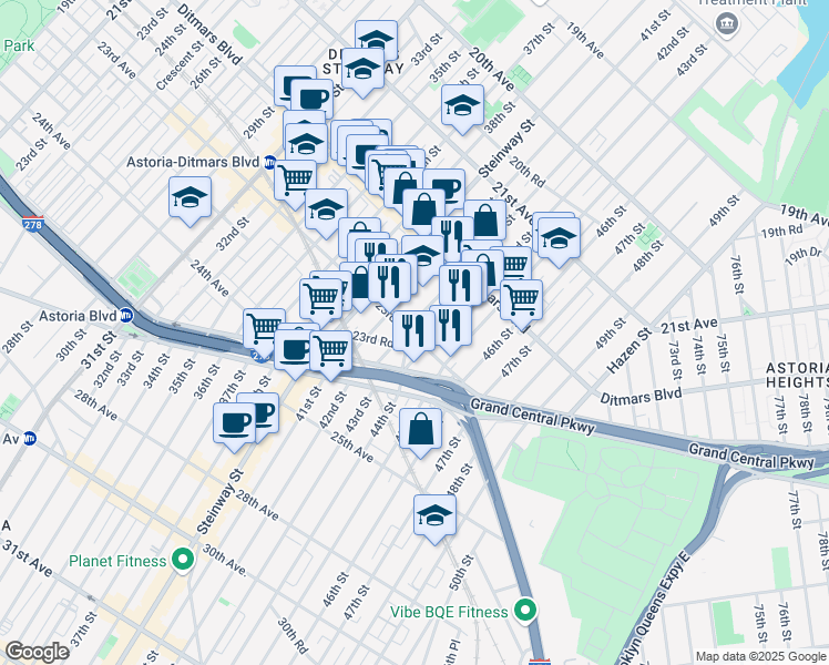 map of restaurants, bars, coffee shops, grocery stores, and more near 42-05 23rd Avenue in Queens