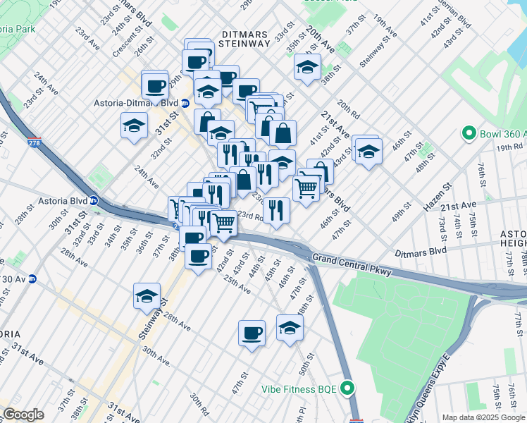 map of restaurants, bars, coffee shops, grocery stores, and more near 23-25 41st Street in Queens