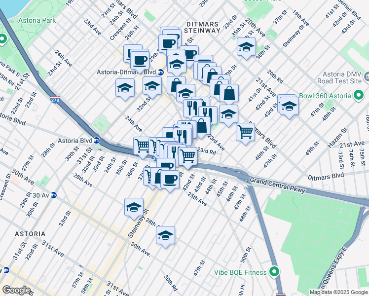 map of restaurants, bars, coffee shops, grocery stores, and more near 23-53 Steinway Street in Queens