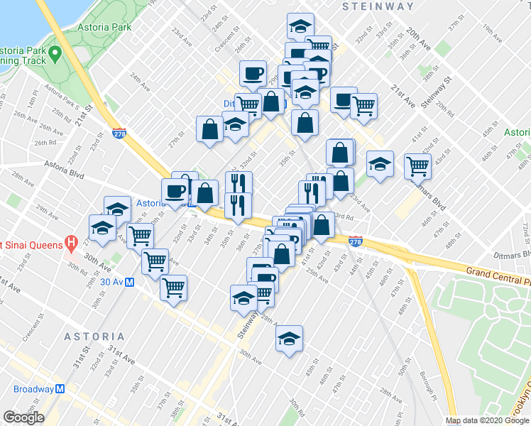 map of restaurants, bars, coffee shops, grocery stores, and more near 36-16 24th Avenue in Queens
