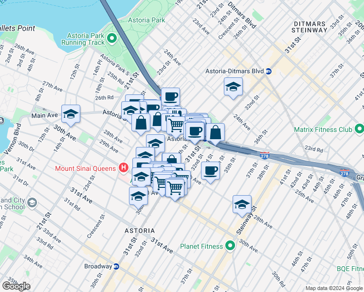 map of restaurants, bars, coffee shops, grocery stores, and more near in Queens