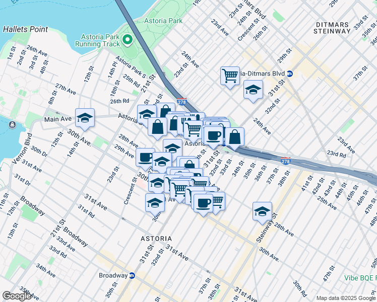 map of restaurants, bars, coffee shops, grocery stores, and more near in Queens