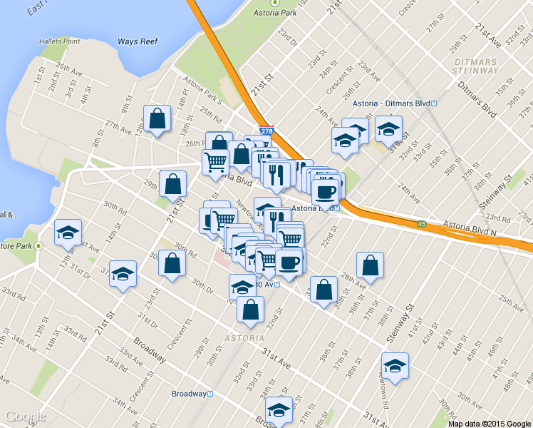 map of restaurants, bars, coffee shops, grocery stores, and more near 26-33 28th Street in Queens