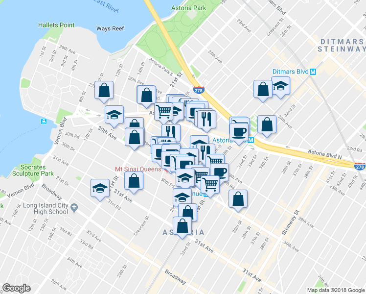 map of restaurants, bars, coffee shops, grocery stores, and more near 2525 Newtown Avenue in Queens