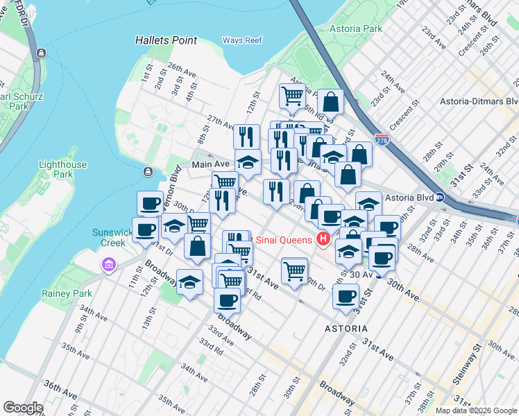 map of restaurants, bars, coffee shops, grocery stores, and more near 14-34 30th Avenue in Queens