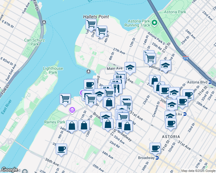map of restaurants, bars, coffee shops, grocery stores, and more near 11-27 30th Drive in Queens