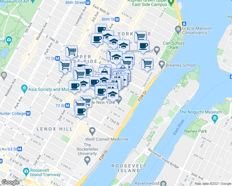 map of restaurants, bars, coffee shops, grocery stores, and more near in New York