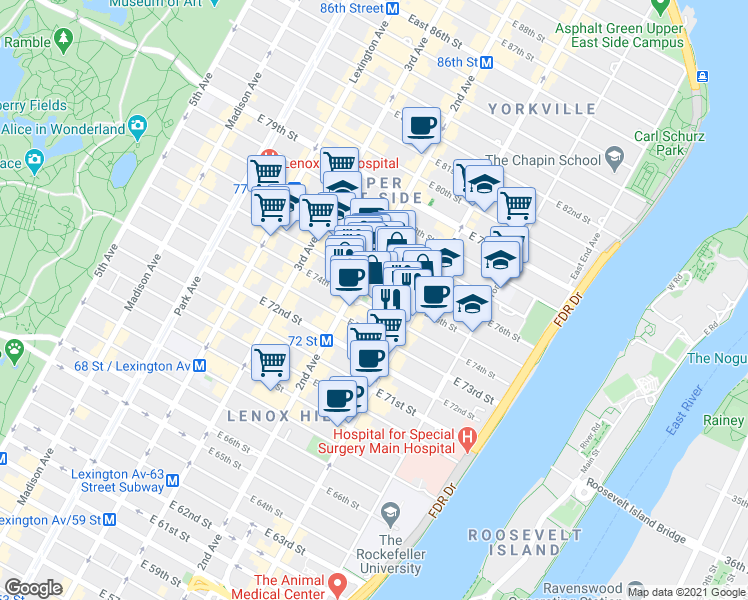 map of restaurants, bars, coffee shops, grocery stores, and more near 310 East 75th Street in New York