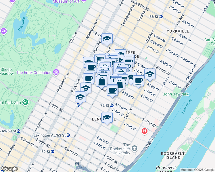 map of restaurants, bars, coffee shops, grocery stores, and more near 220 East 73rd Street in New York