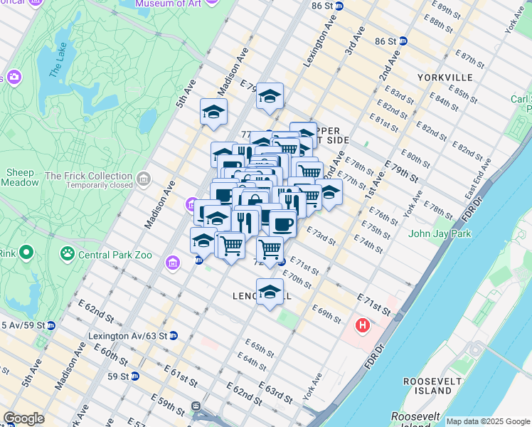 map of restaurants, bars, coffee shops, grocery stores, and more near 1230 3rd Avenue in New York