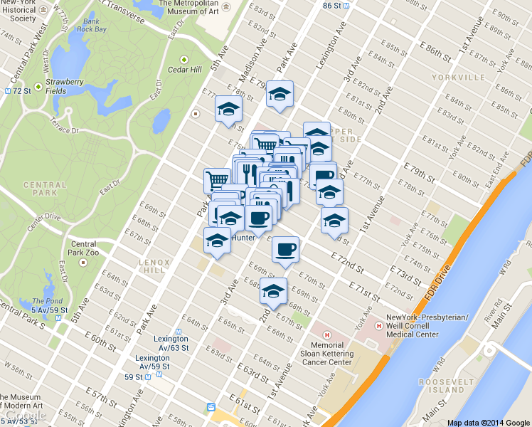 map of restaurants, bars, coffee shops, grocery stores, and more near 1230 3rd Avenue in New York