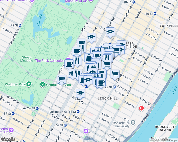 map of restaurants, bars, coffee shops, grocery stores, and more near 114 East 71st Street in New York
