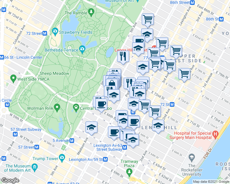 map of restaurants, bars, coffee shops, grocery stores, and more near in New York