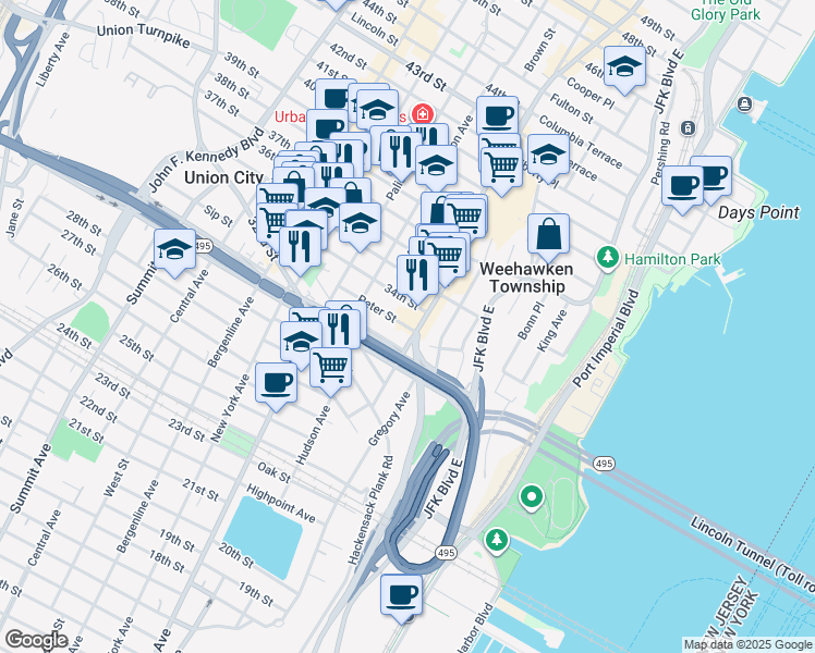 map of restaurants, bars, coffee shops, grocery stores, and more near 3343 Park Avenue in Union City