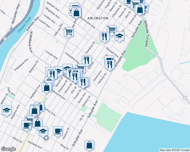 map of restaurants, bars, coffee shops, grocery stores, and more near 498 Forest Street in Kearny